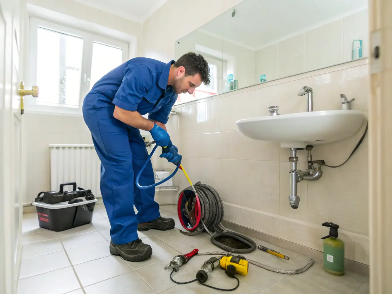 A professional plumber using a drain snake to clear a clogged pipe in a residential kitchen, showcasing the drain cleaning service offered by Michigan Flow Experts.