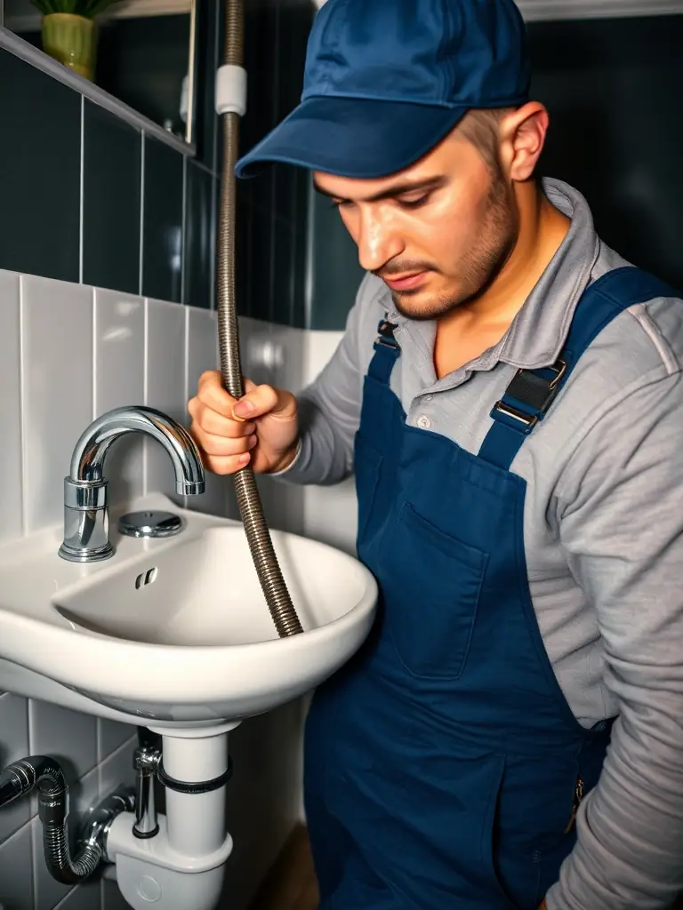 A high-resolution image of a plumber using a snake to clear a clogged kitchen sink drain, with water flowing freely again.