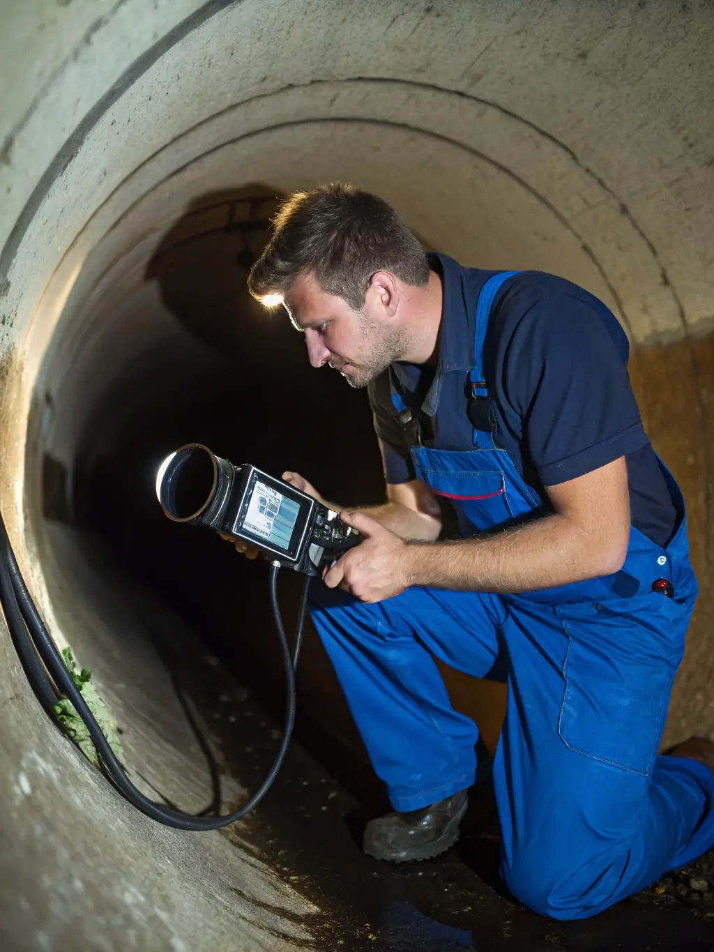 An image of a plumber using a camera to inspect the inside of a drain pipe, with the camera screen visible.
